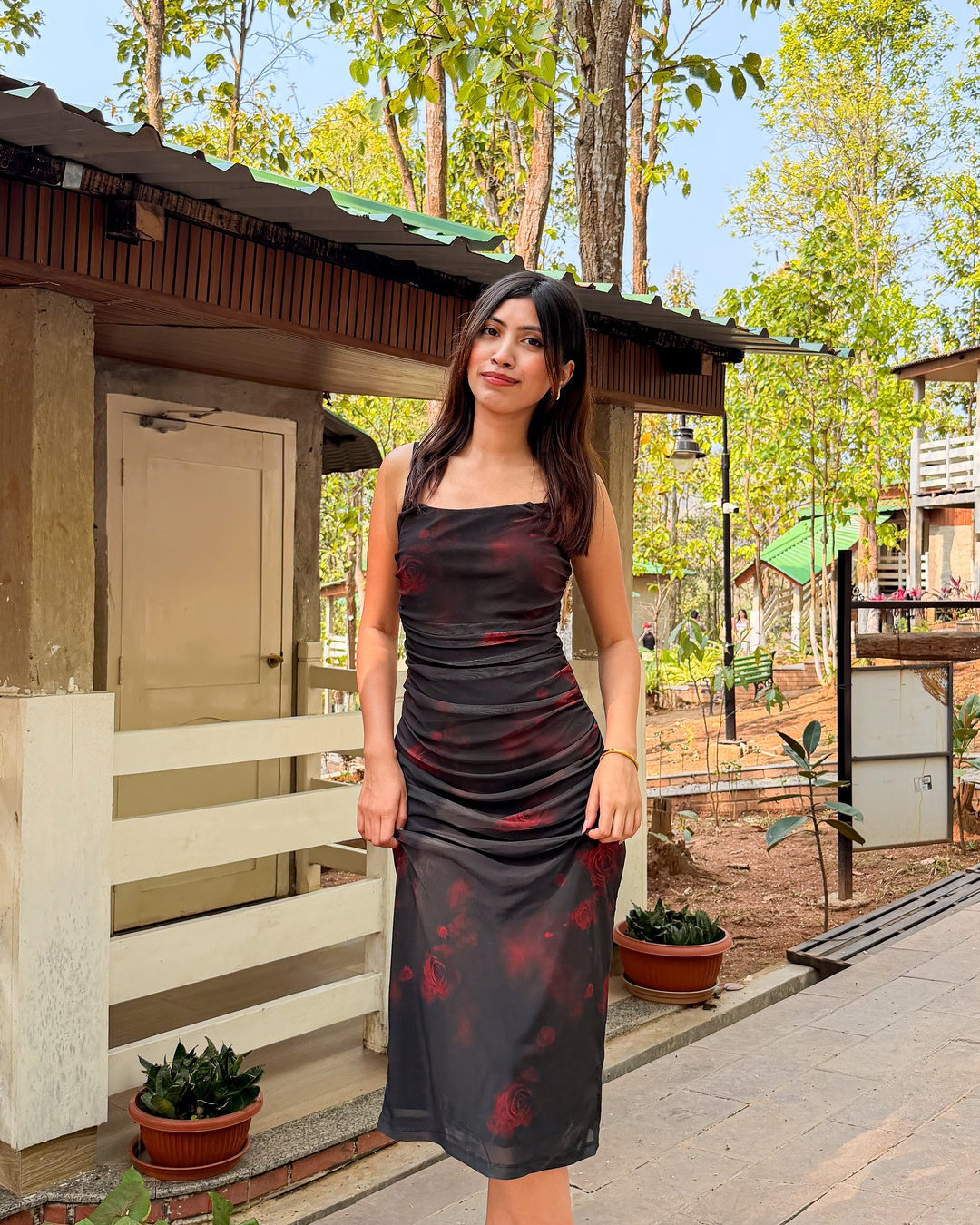 Floral Ruched Mesh Maxi Dress