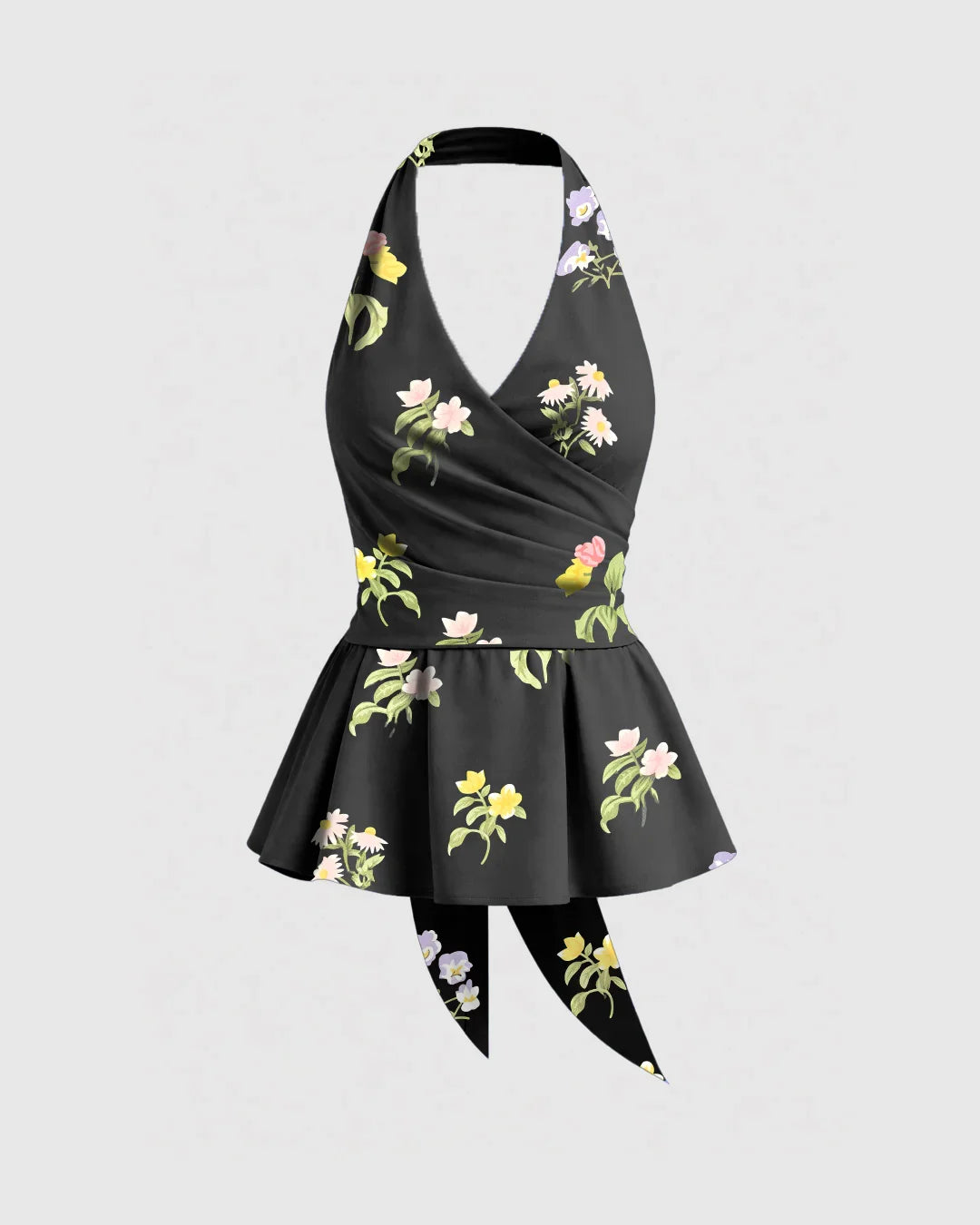 Floral Slim fit Halter Neck Sleeveless Slit Midi dress in Black