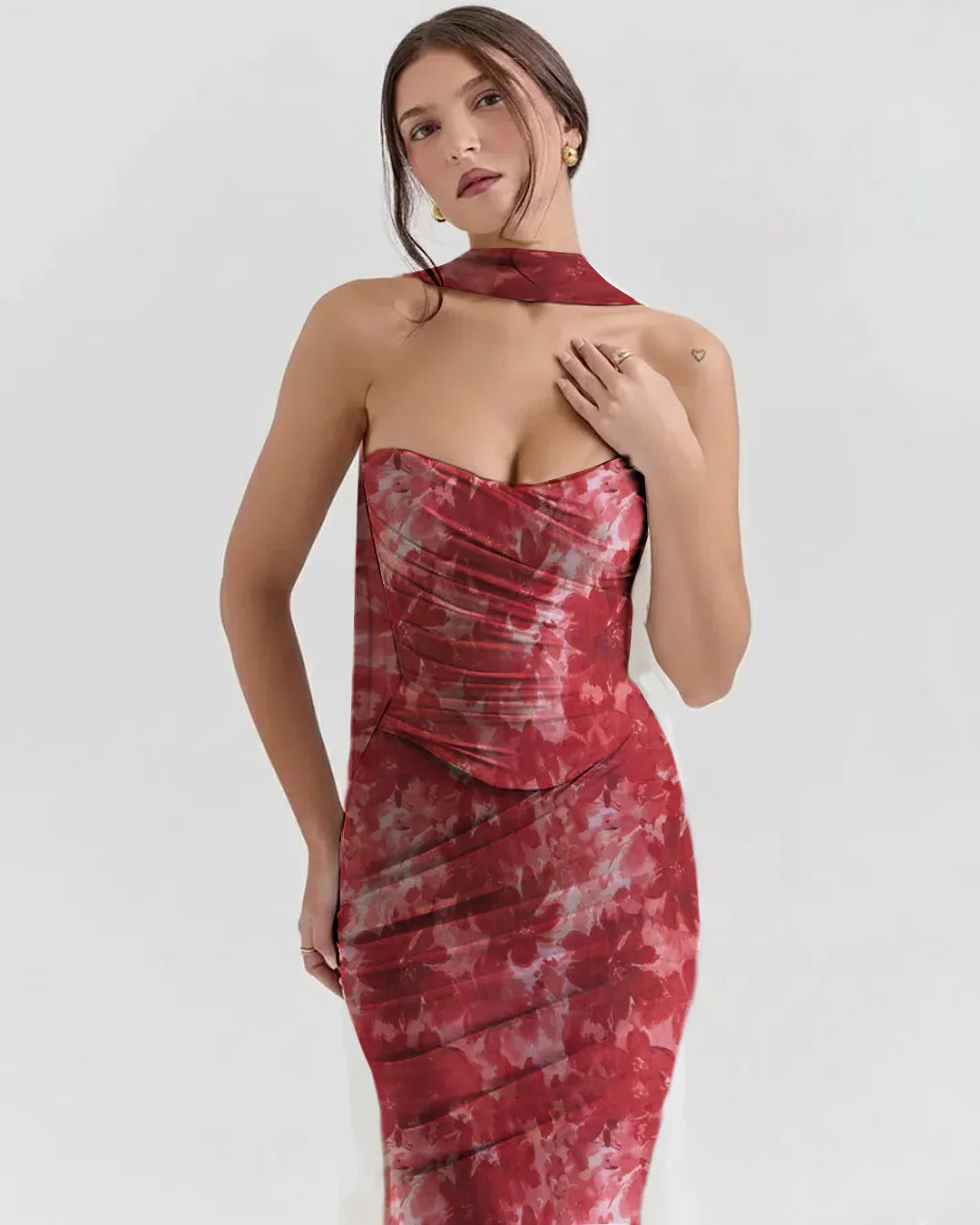 Floral Strapless Crop Top & Bodycon Maxi Skirt Co-ords Set with scarf
