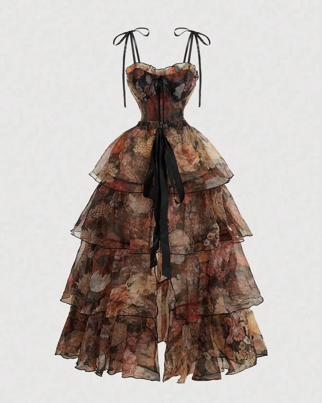 Floral Corset Fit Tiered Ruffle Midi Gown With Detachable Skirt
