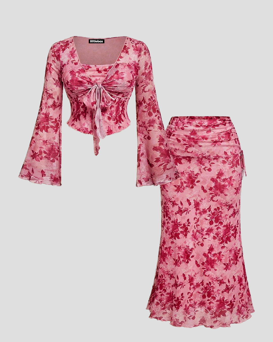 Floral Twist Front Flare Sleeve Top And Mermaid Tail Skirt Set Curve & Plus