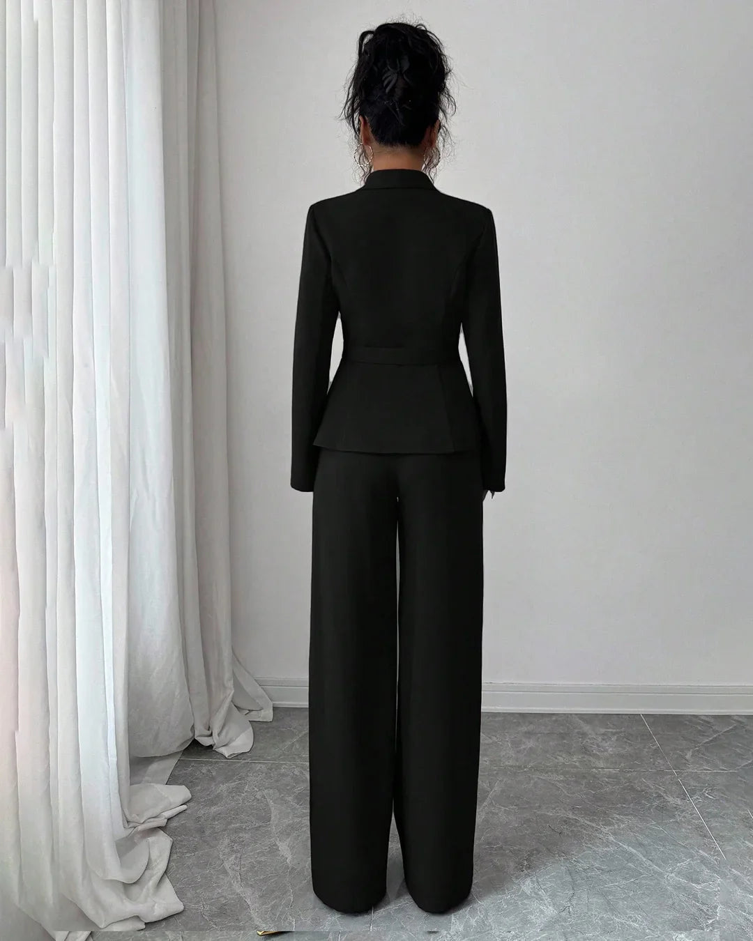 Formal A-Line Hem Long Sleeve Waist Coat and Flared Trouser Suit-Set In Black