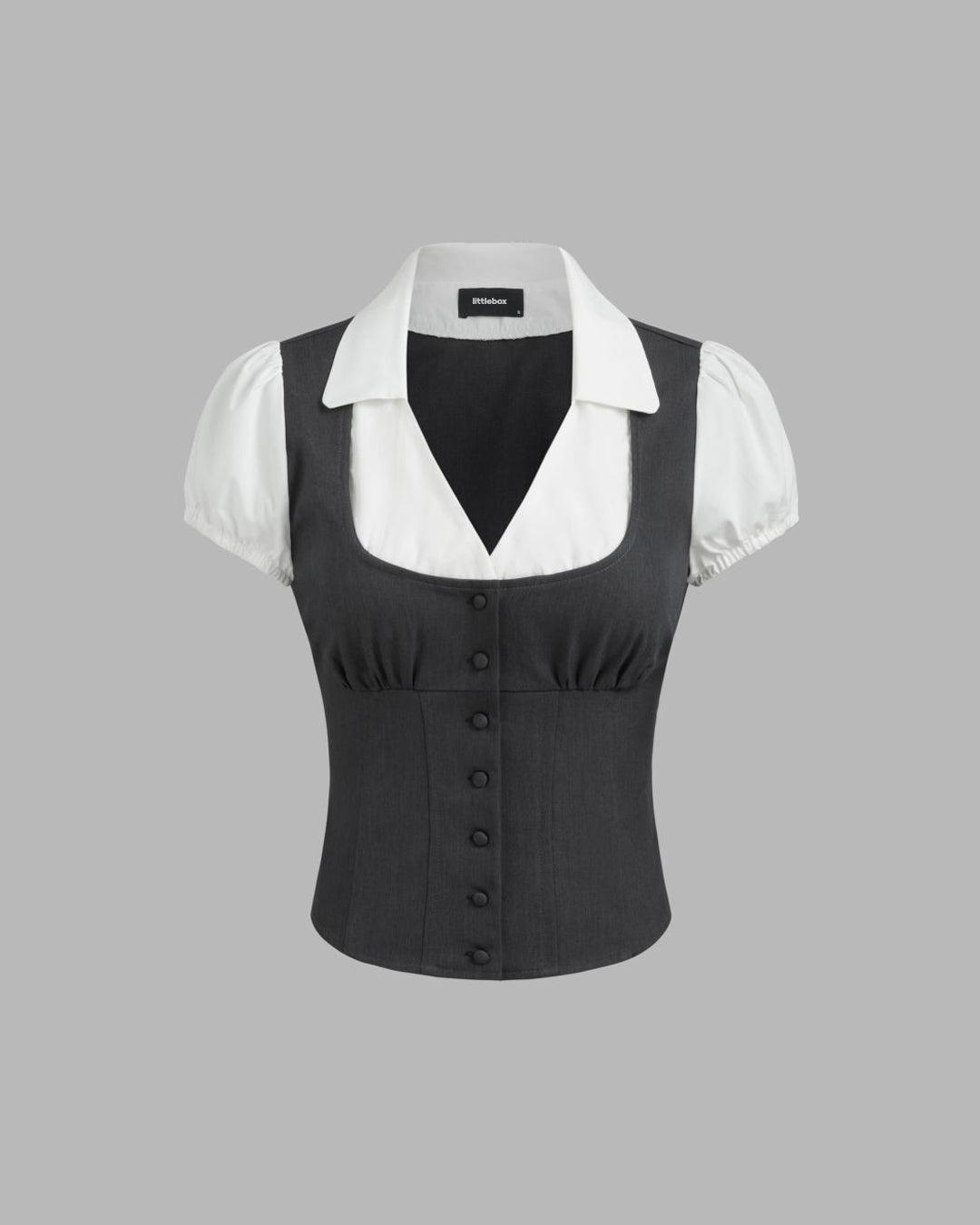 Formal Collared Neck Button Front Short Sleeve Blouse in Grey and White