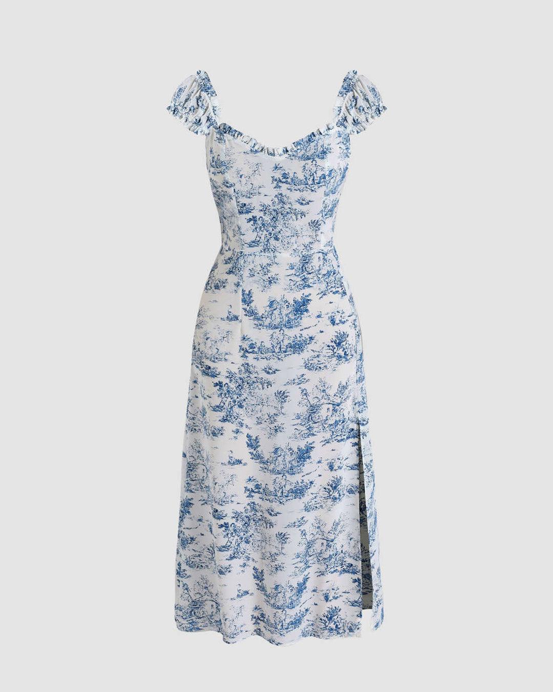 Sweetheart Neck Floral Slit Midi Dress