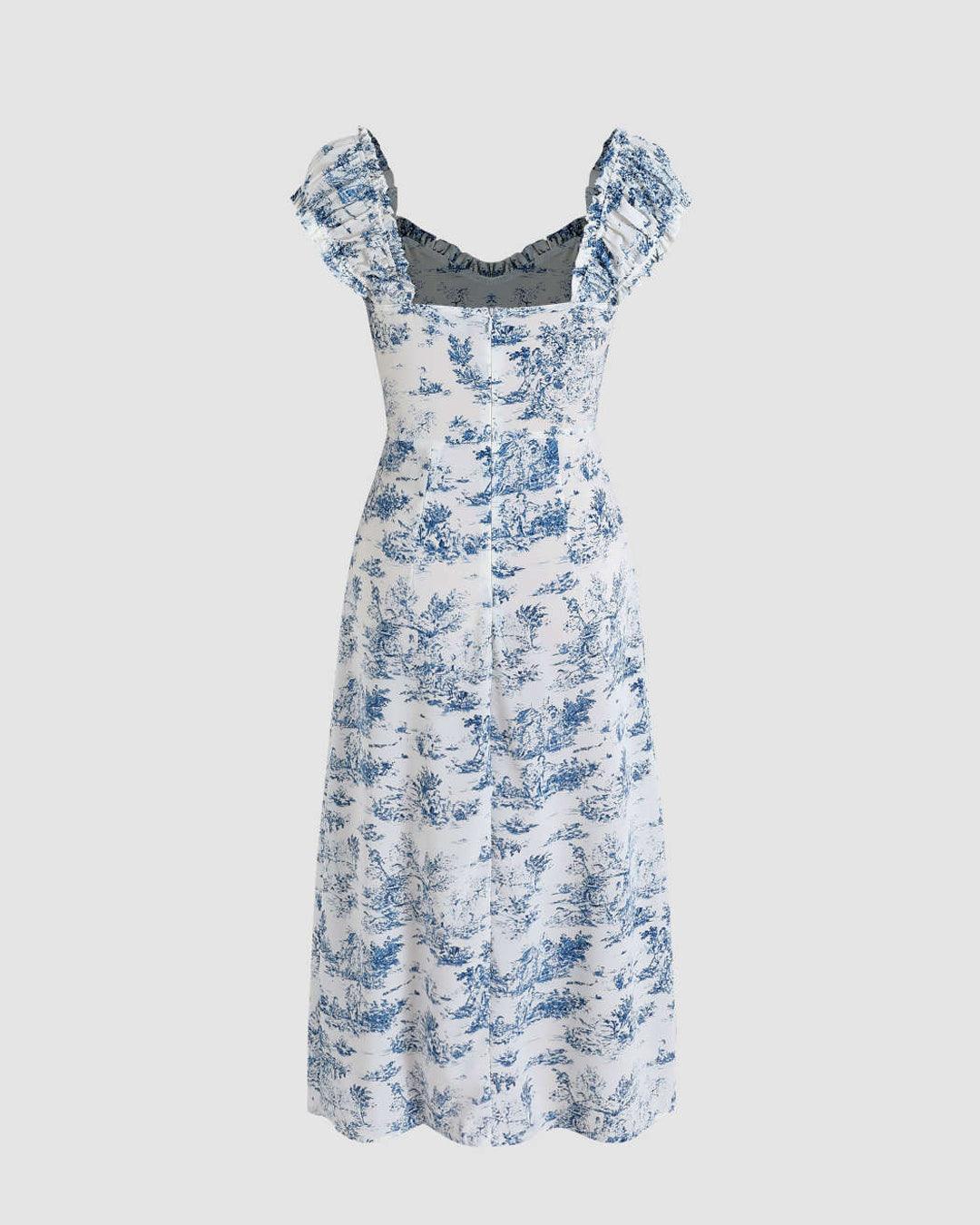 Sweetheart Neck Floral Slit Midi Dress