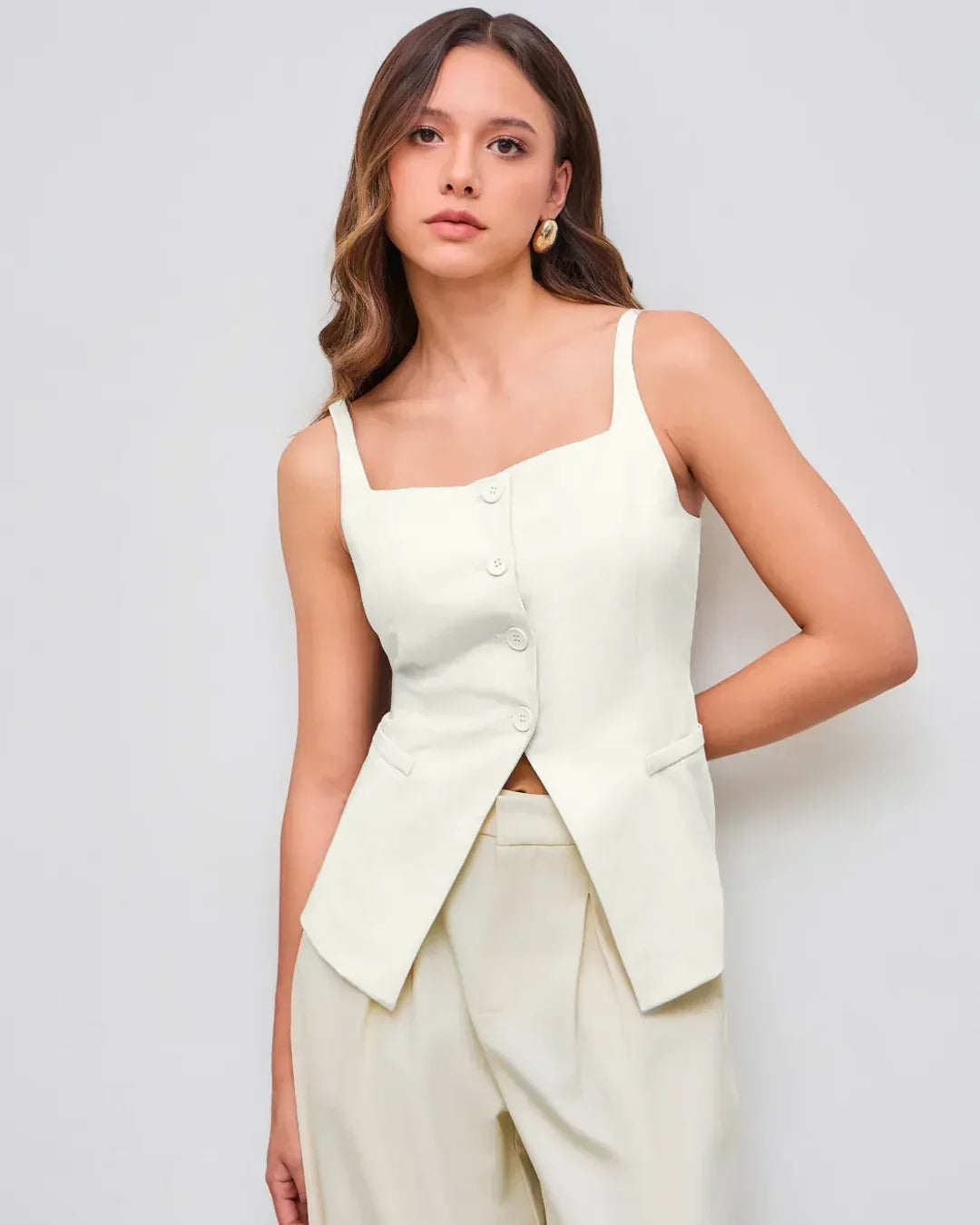 Front Button Slit Top with Spaghetti Straps in Milky White