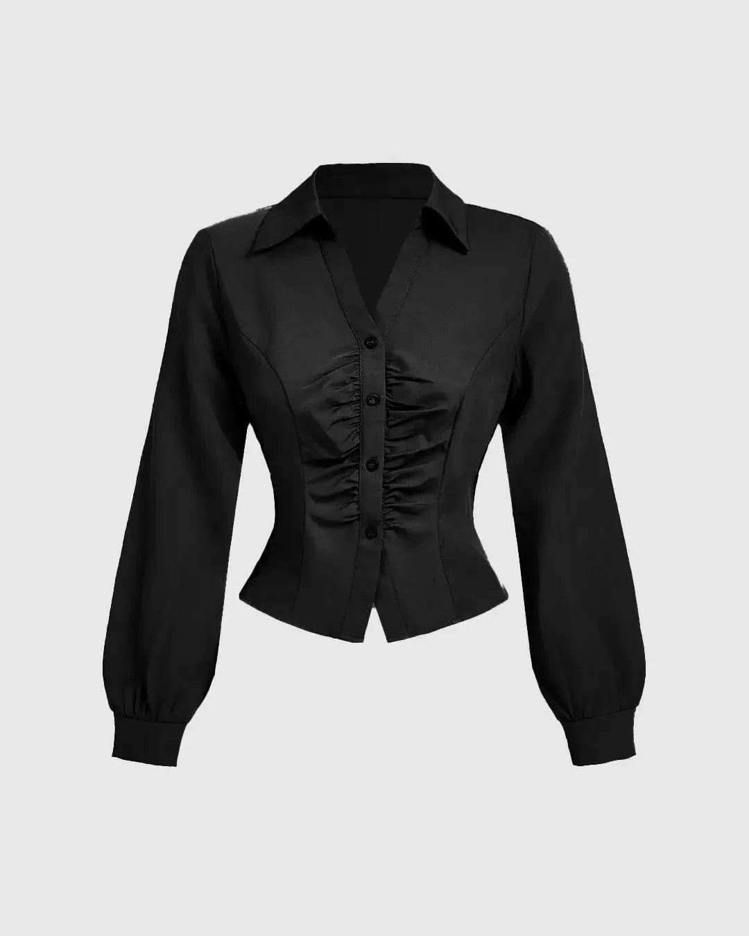Front Pleated Fitted Long Sleeve Black Shirt