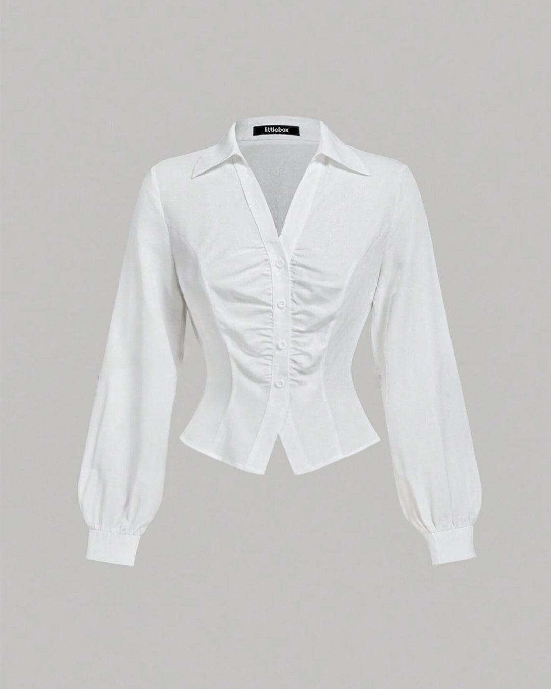 Front Pleated Fitted Long Sleeve White Shirt