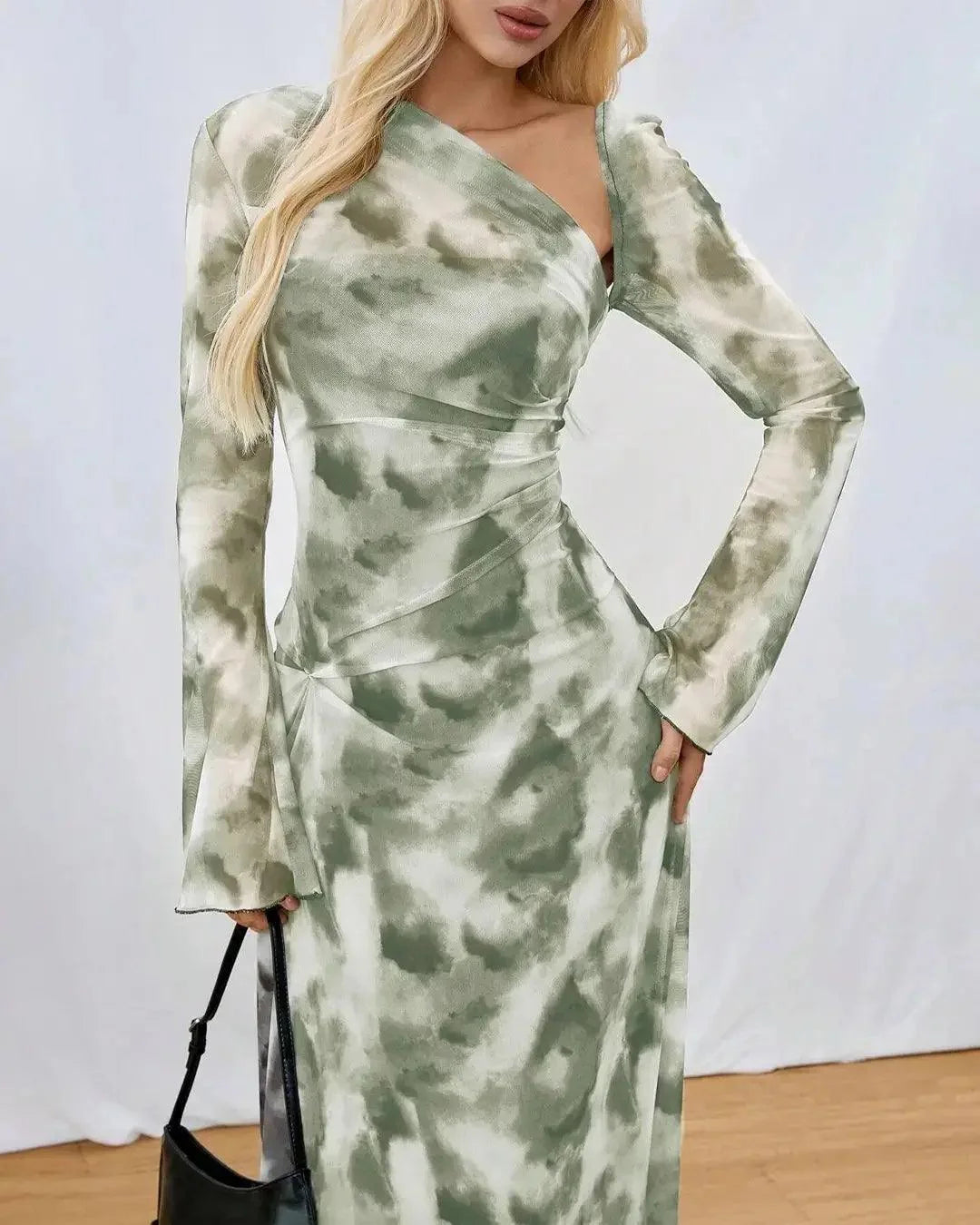 Asymmetrical Neck Tie Dye Mesh Flared Long Dress