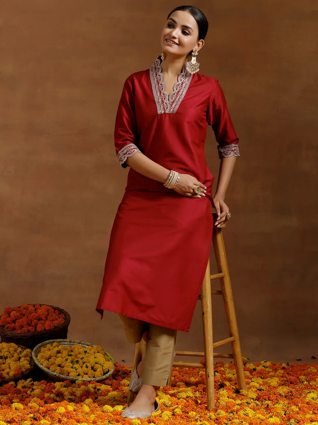 Anouk Maroon Embroidered Silk Straight Kurta