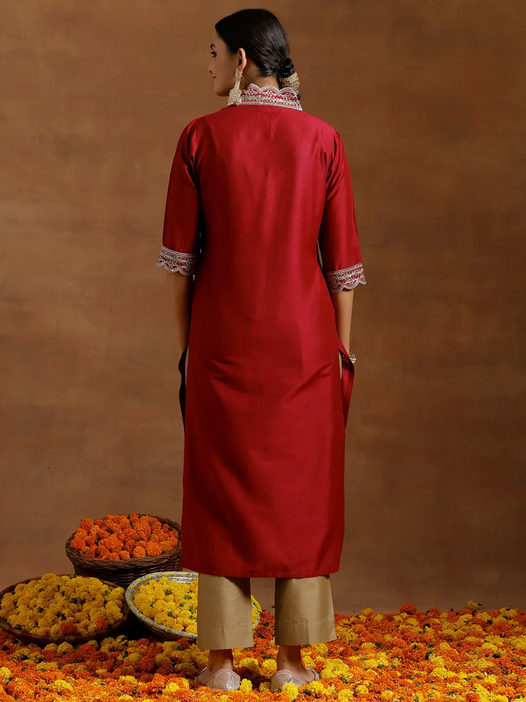 Anouk Maroon Embroidered Silk Straight Kurta