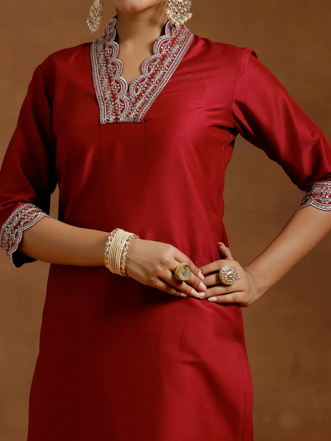 Anouk Maroon Embroidered Silk Straight Kurta