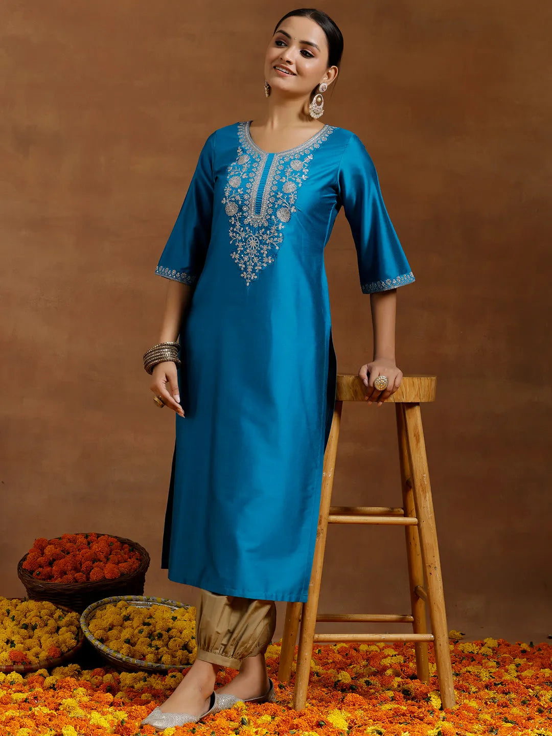 Anouk Blue Embroidered Silk Straight Kurta