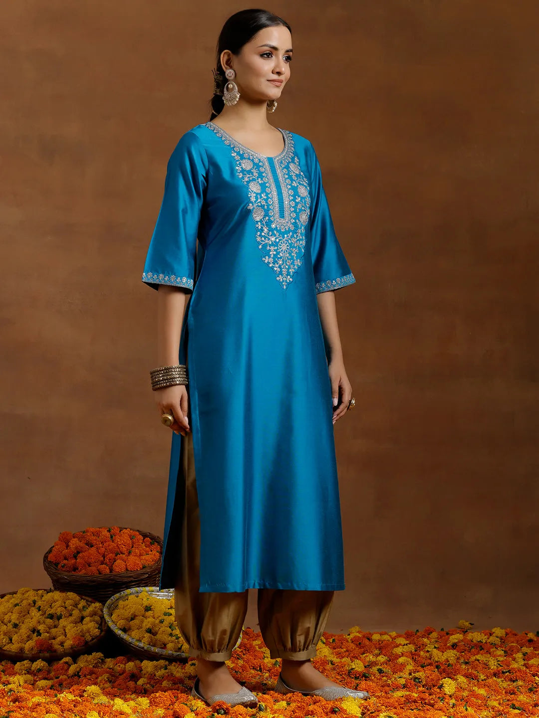 Anouk Blue Embroidered Silk Straight Kurta