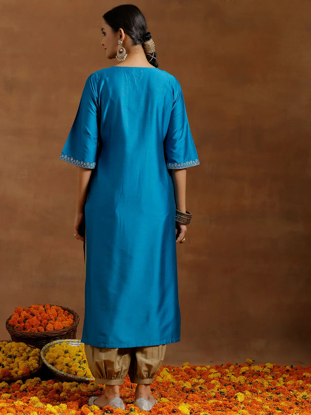 Anouk Blue Embroidered Silk Straight Kurta