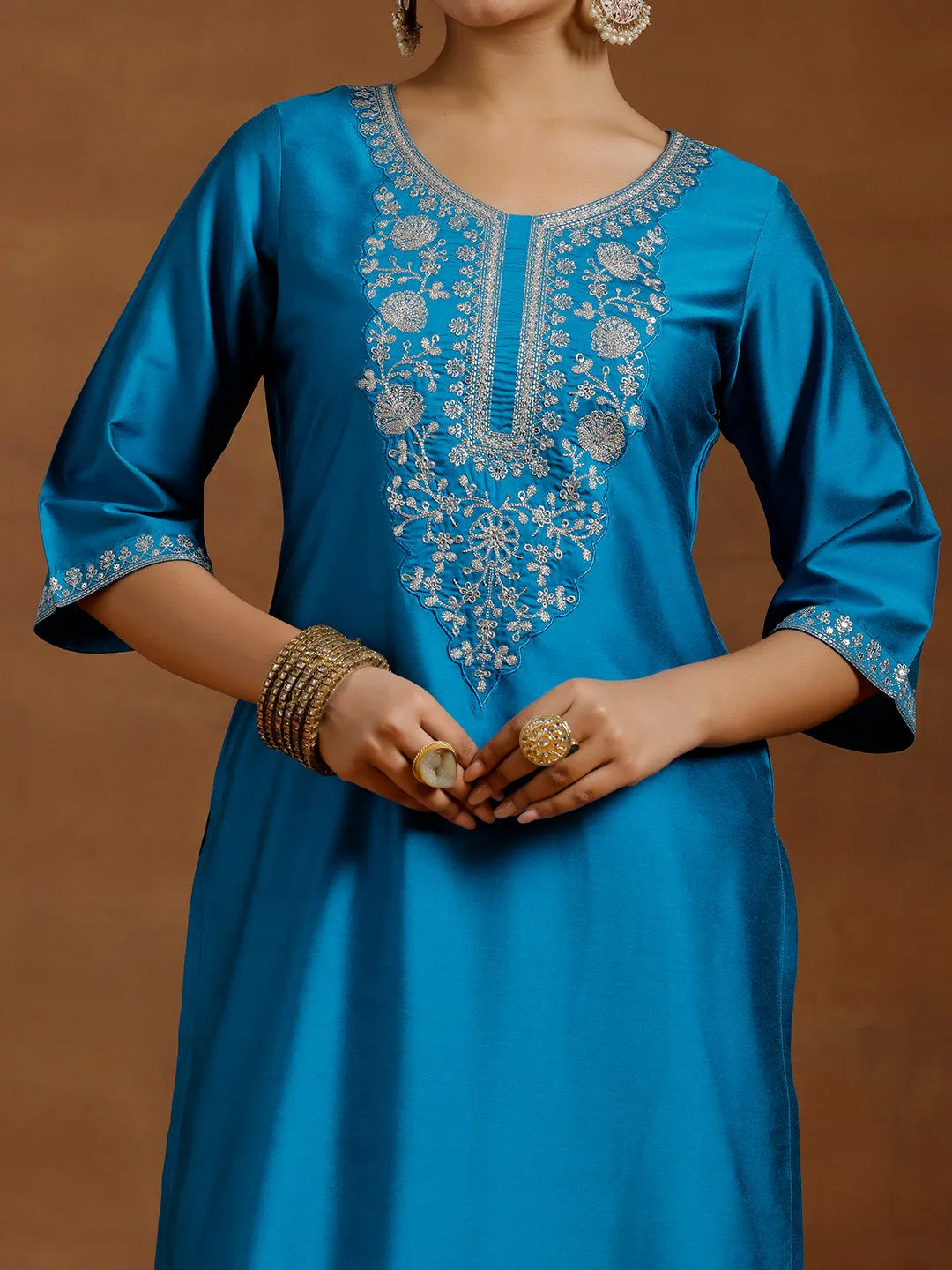 Anouk Blue Embroidered Silk Straight Kurta
