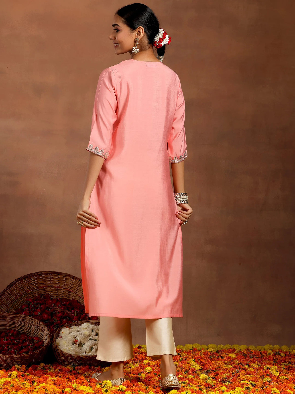 Anouk Peach Yoke Design Silk Straight Kurta
