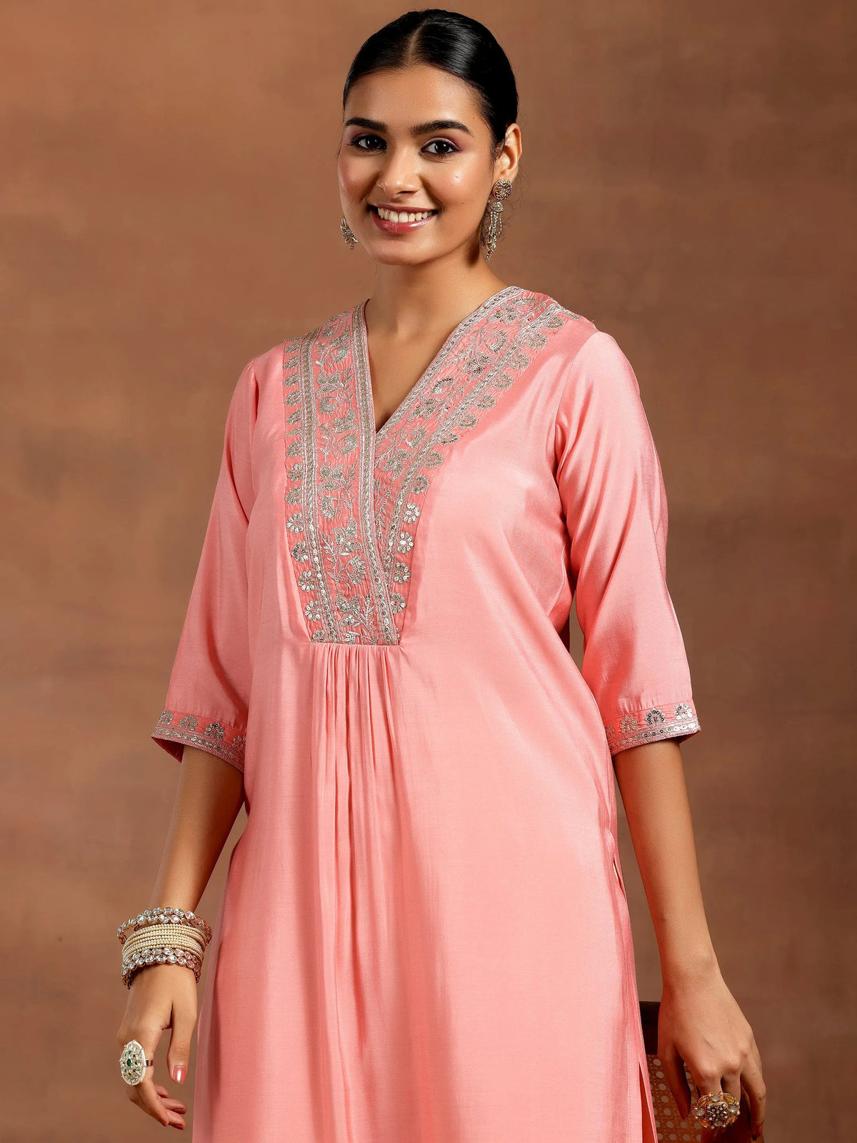 Anouk Peach Yoke Design Silk Straight Kurta