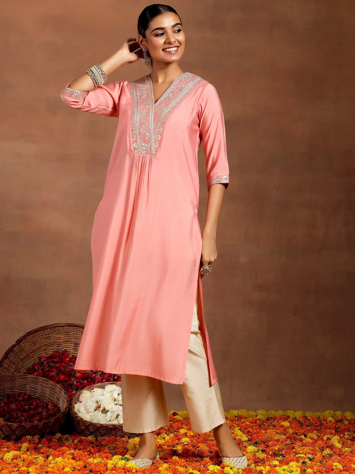 Anouk Peach Yoke Design Silk Straight Kurta