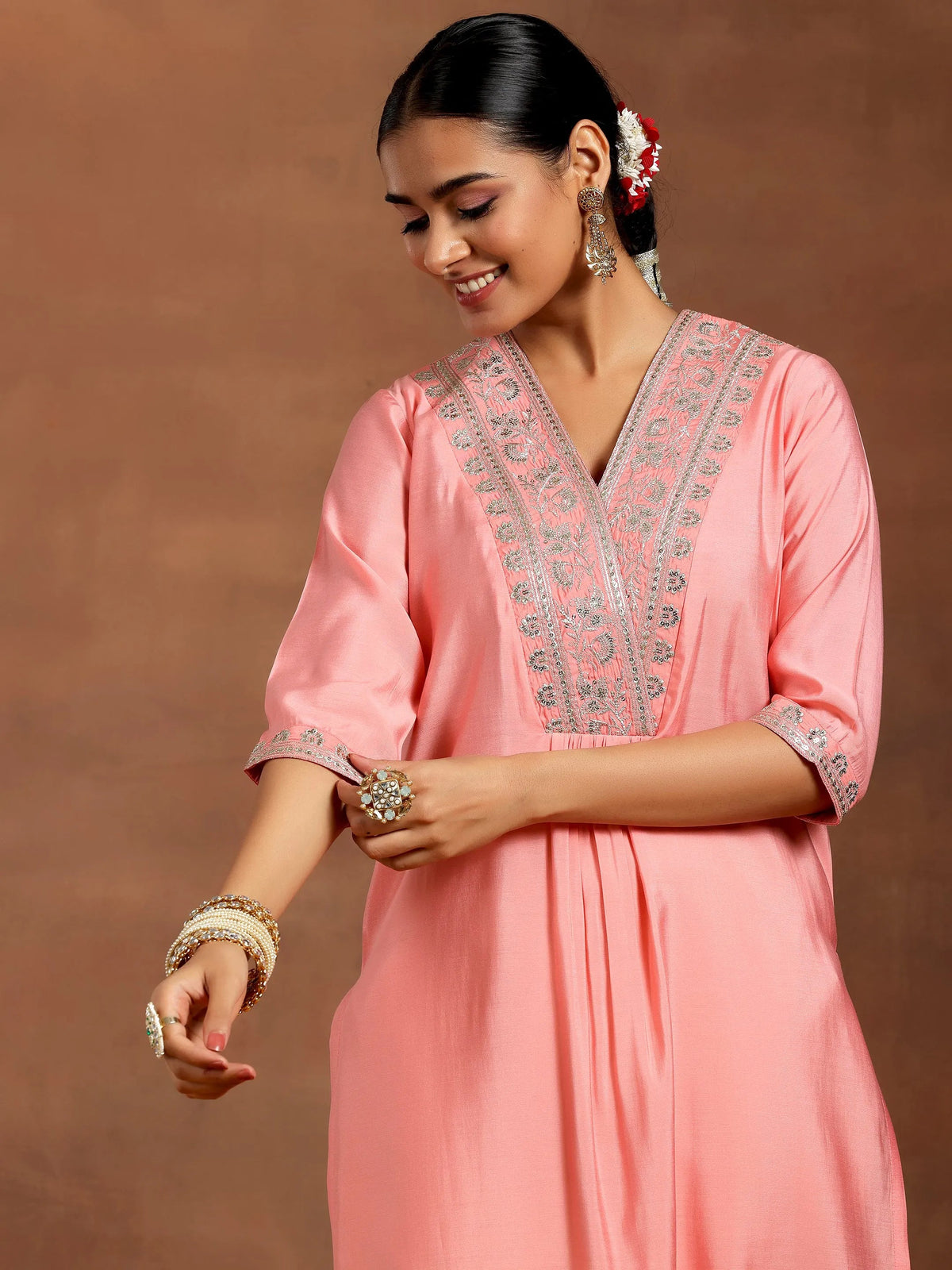 Anouk Peach Yoke Design Silk Straight Kurta