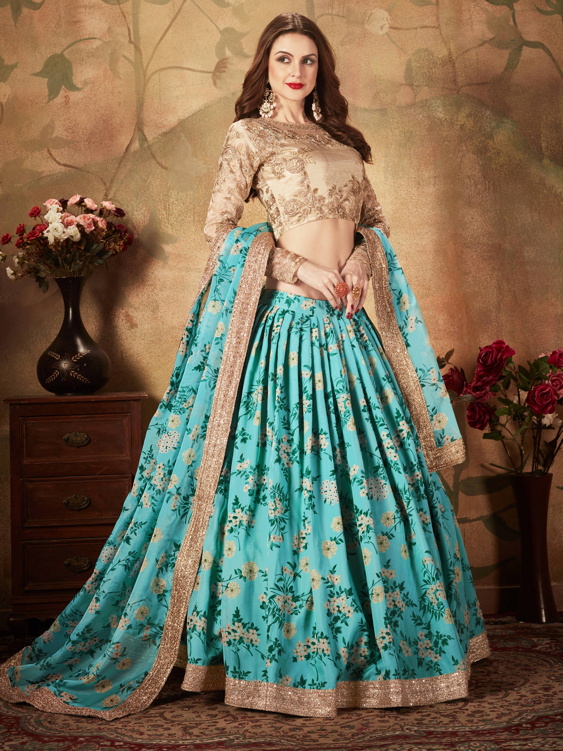 Beautiful Sky Blue Sabyasachi Floral Digital Printed Organza Party Wear Lehenga Choli With Blouse