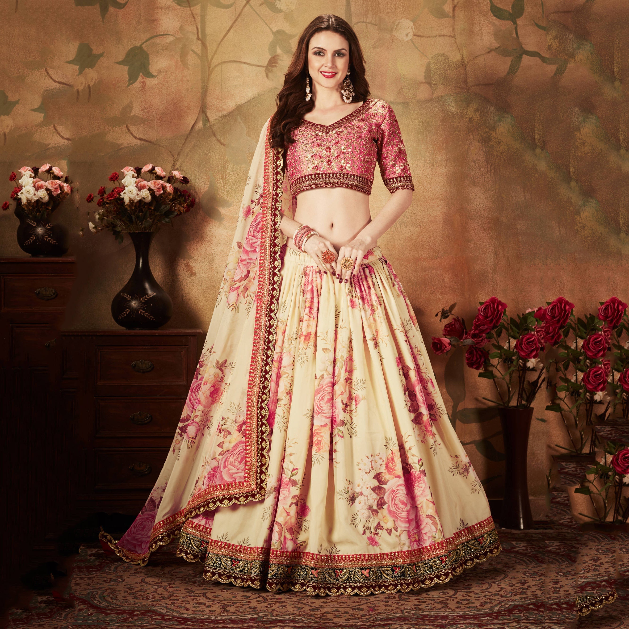 Delightful Off-White Floral Print Organza Silk Wedding Lehenga Choli With Peach Blouse