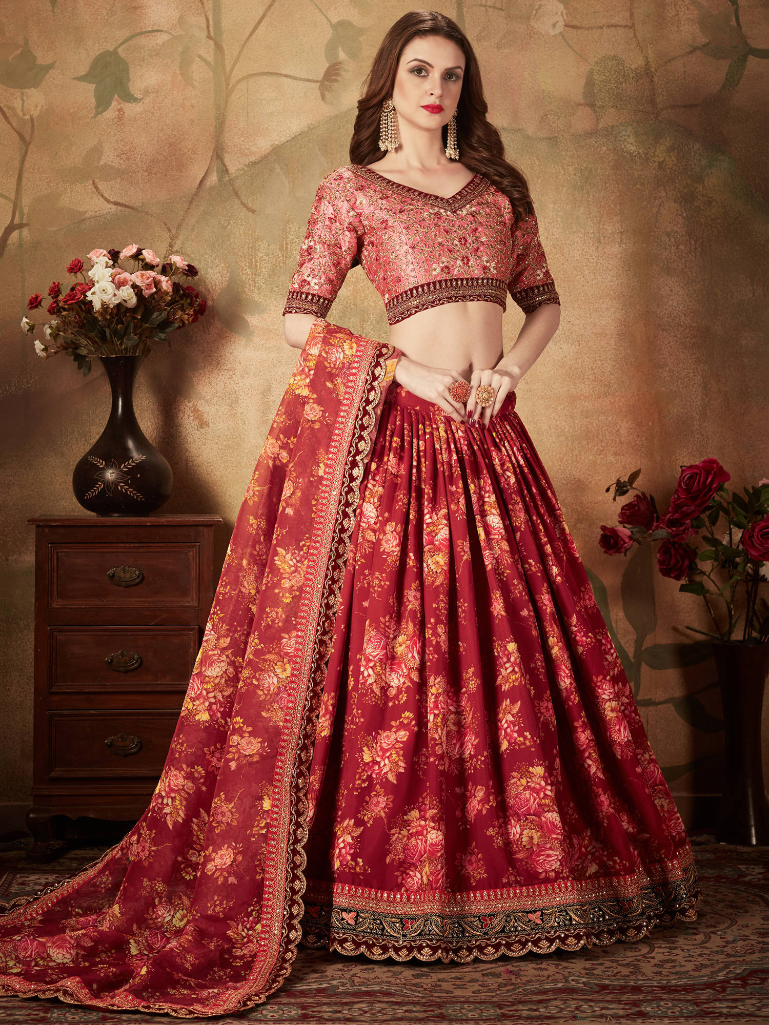 Stunning Maroon Floral Print Organza Silk Wedding Lehenga Choli With Peach Blouse