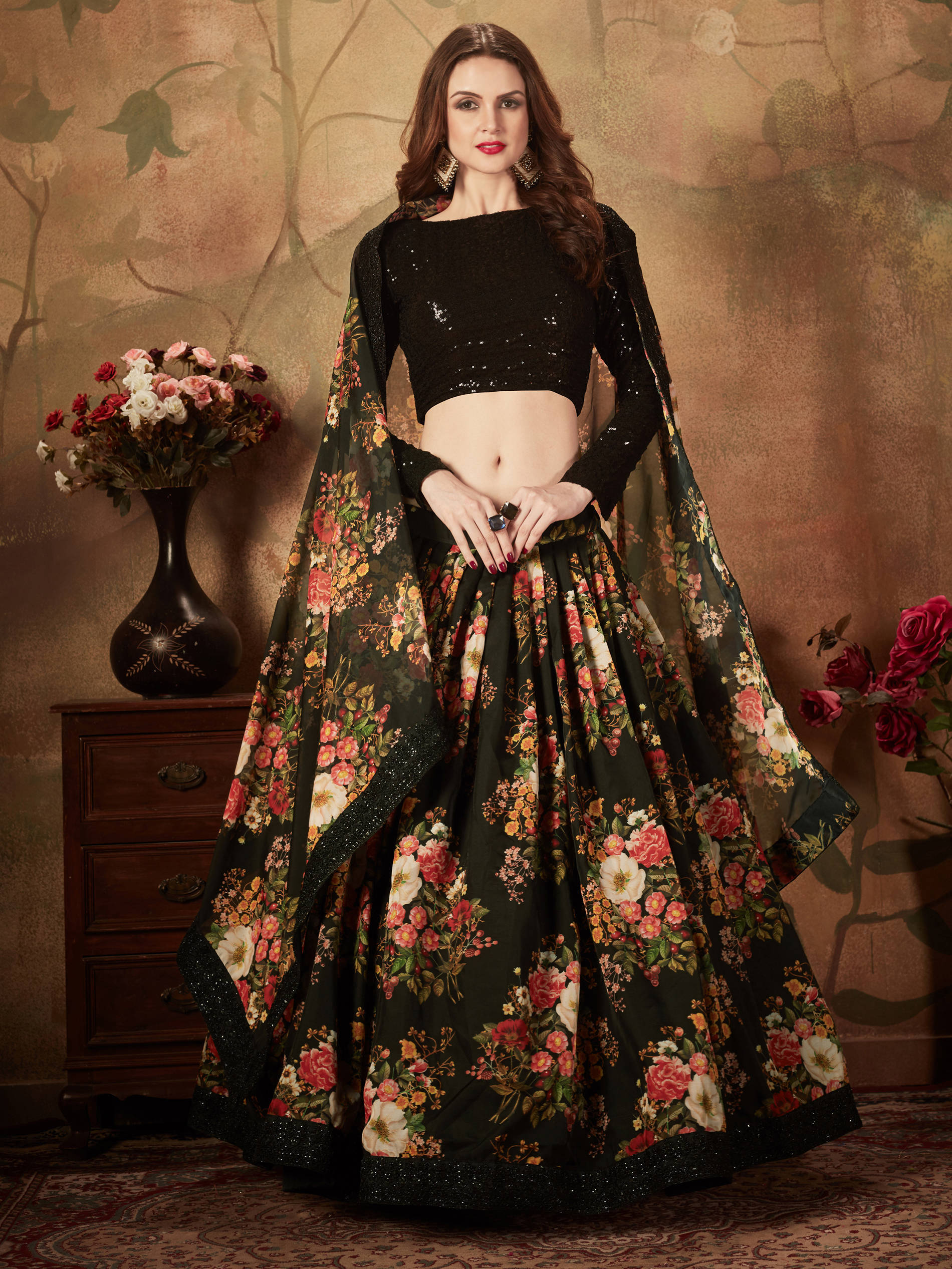Mesmerizing Black Floral Print Organza Silk Wedding Lehenga Choli With Blouse