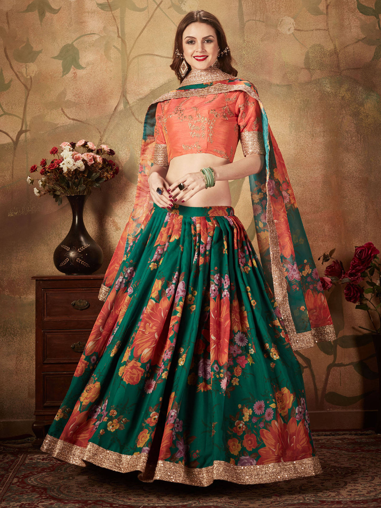 Refreshing Dark Green Floral Print Organza Silk Wedding Lehenga Choli With Orange Blouse