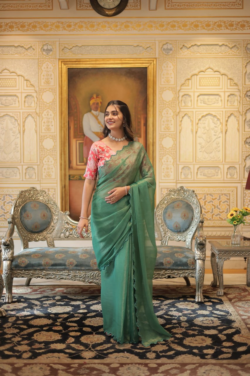 Elegant Gold Coin Green Saree with Arko Cut Work Border and Viscose Jacquard Blouse