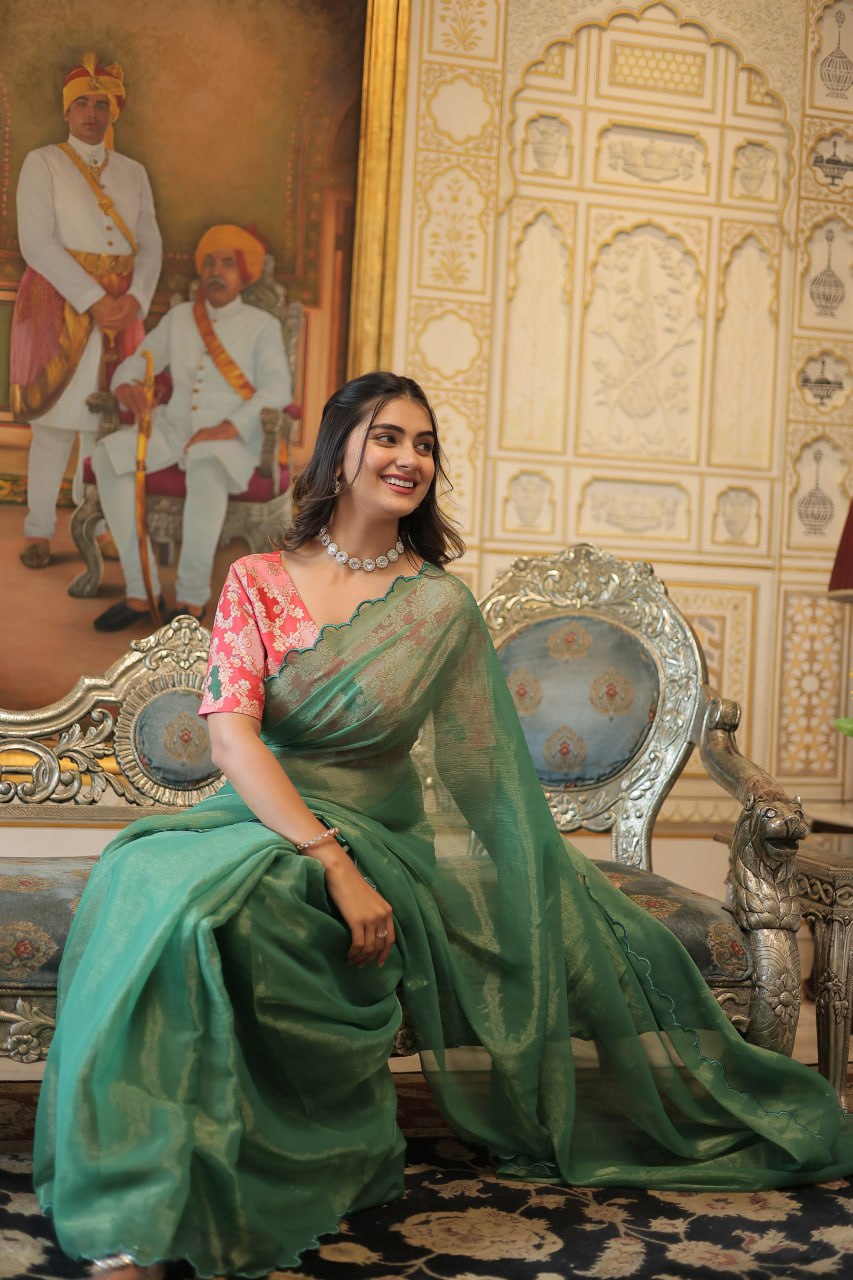 Elegant Gold Coin Green Saree with Arko Cut Work Border and Viscose Jacquard Blouse