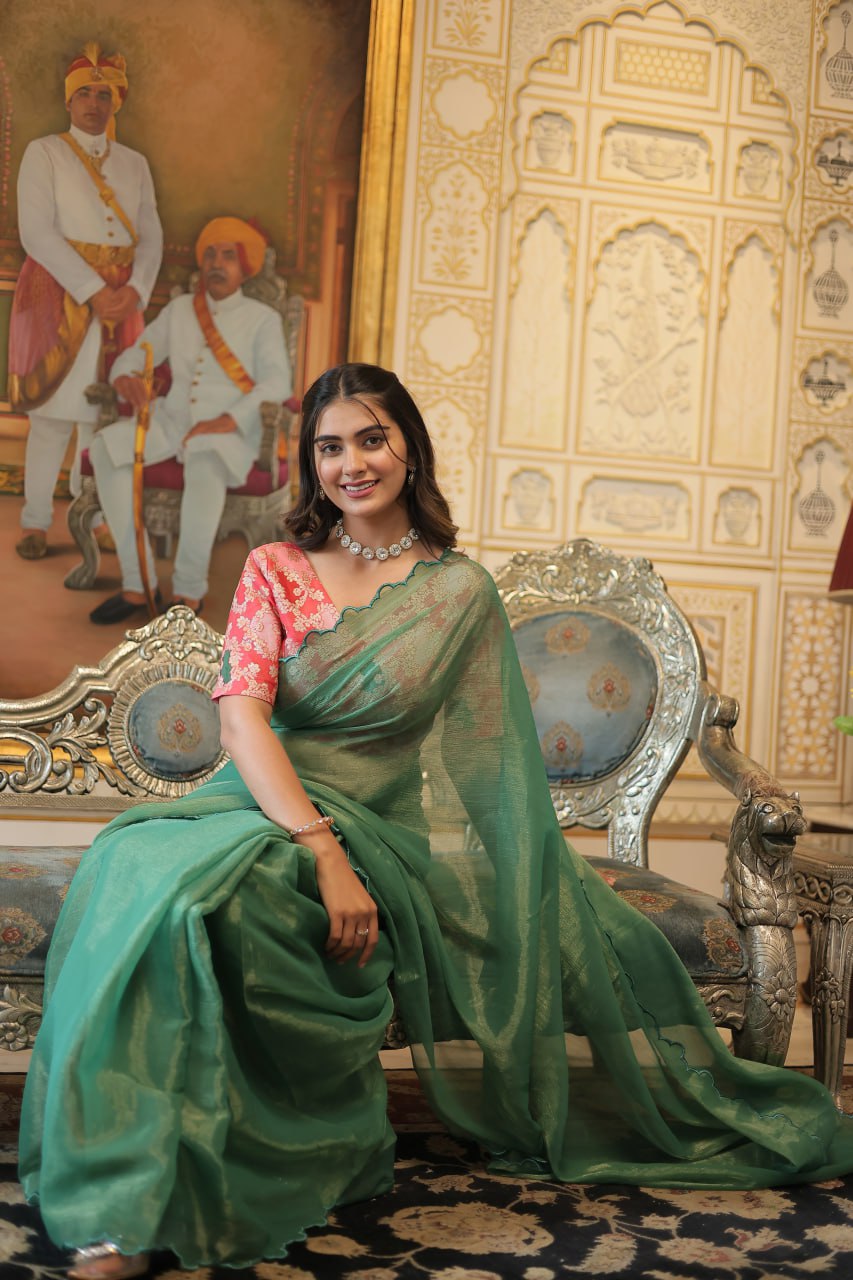 Elegant Gold Coin Green Saree with Arko Cut Work Border and Viscose Jacquard Blouse