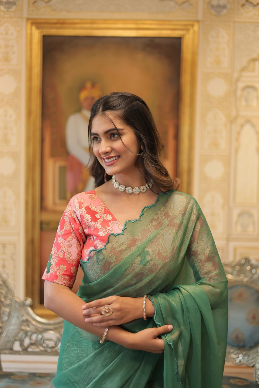 Elegant Gold Coin Green Saree with Arko Cut Work Border and Viscose Jacquard Blouse
