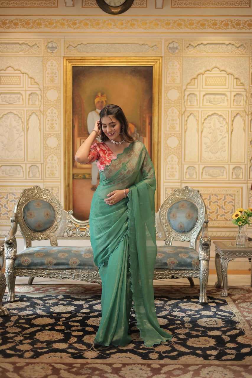Elegant Gold Coin Green Saree with Arko Cut Work Border and Viscose Jacquard Blouse