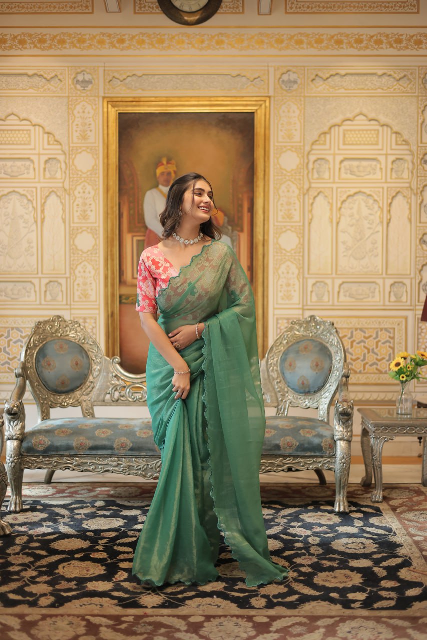 Elegant Gold Coin Green Saree with Arko Cut Work Border and Viscose Jacquard Blouse