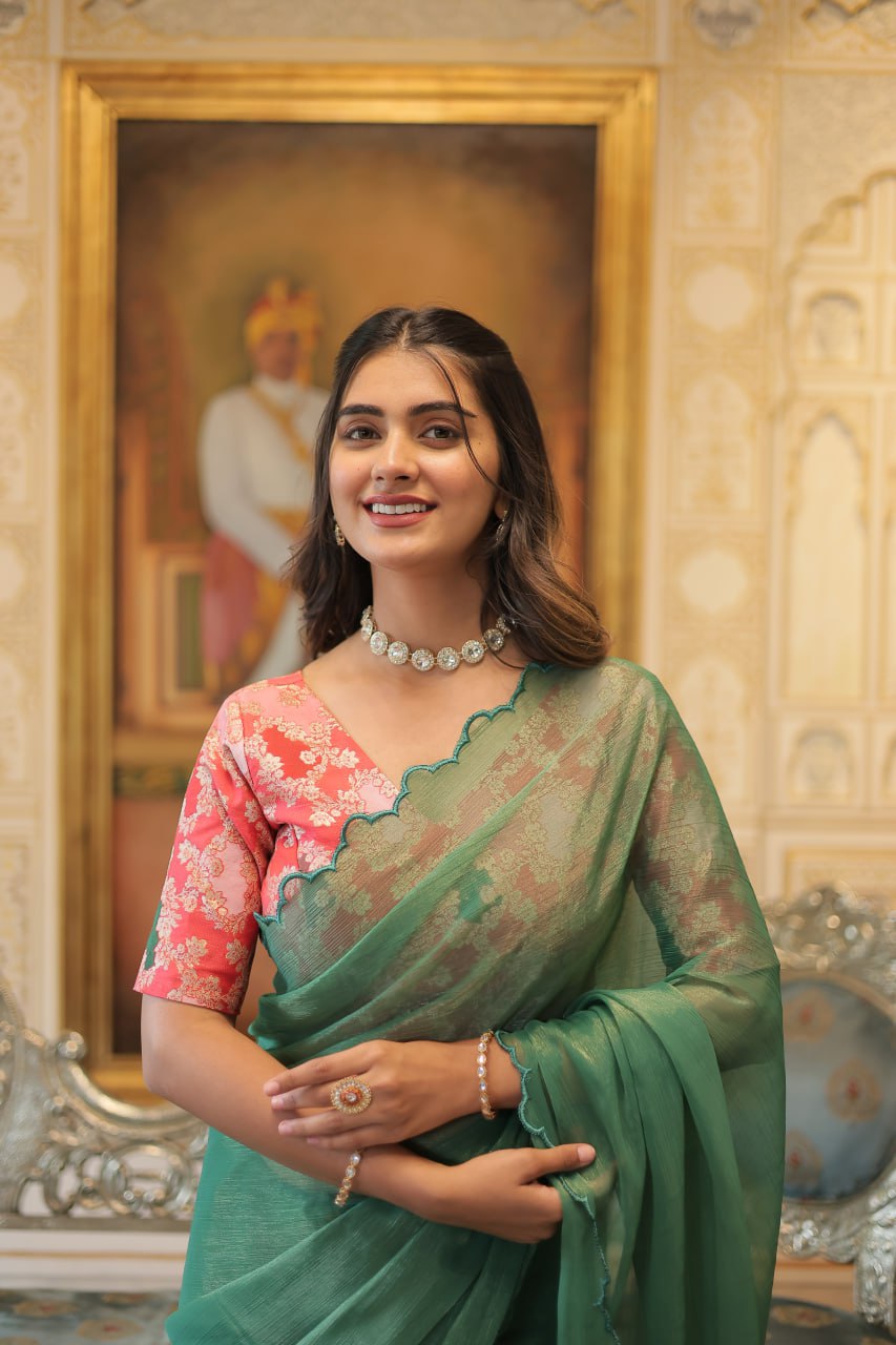 Elegant Gold Coin Green Saree with Arko Cut Work Border and Viscose Jacquard Blouse