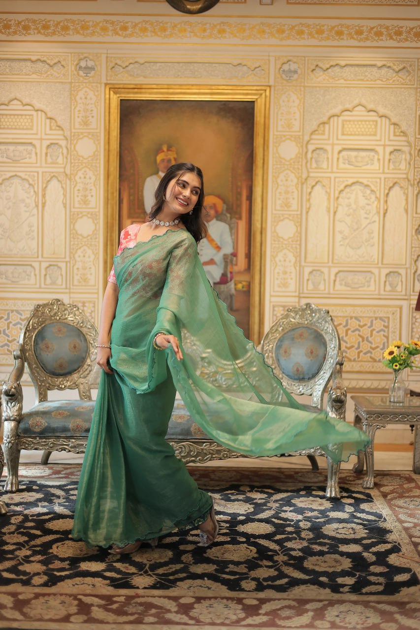 Elegant Gold Coin Green Saree with Arko Cut Work Border and Viscose Jacquard Blouse