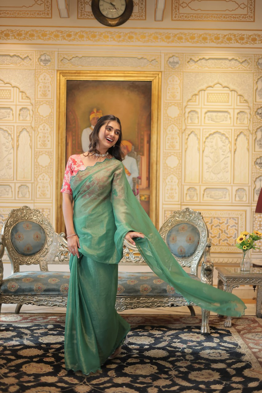 Elegant Gold Coin Green Saree with Arko Cut Work Border and Viscose Jacquard Blouse