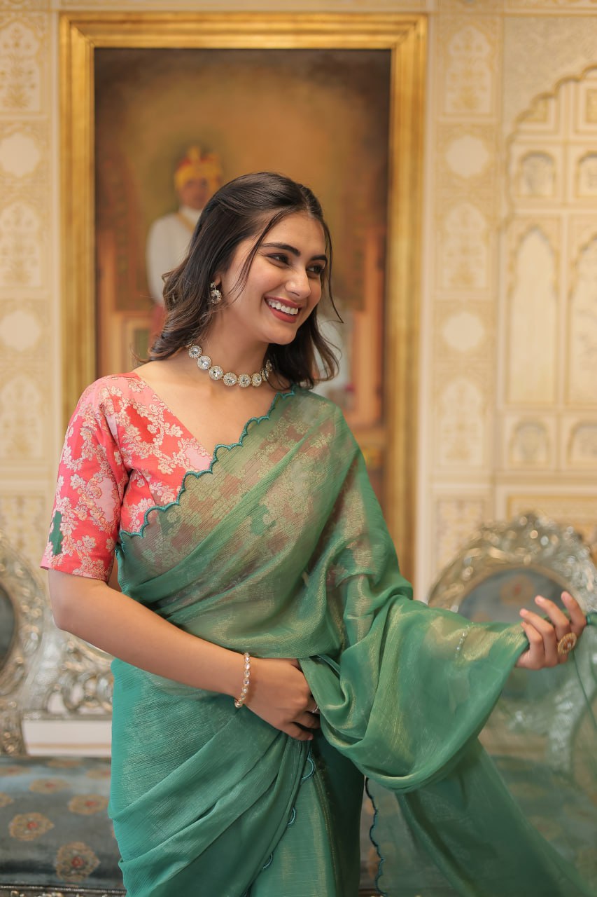 Elegant Gold Coin Green Saree with Arko Cut Work Border and Viscose Jacquard Blouse