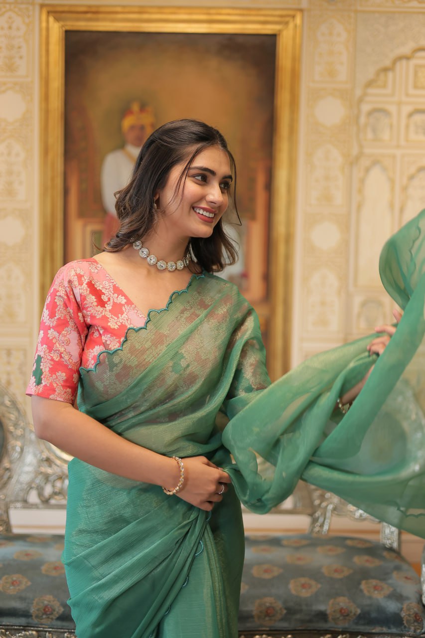Elegant Gold Coin Green Saree with Arko Cut Work Border and Viscose Jacquard Blouse