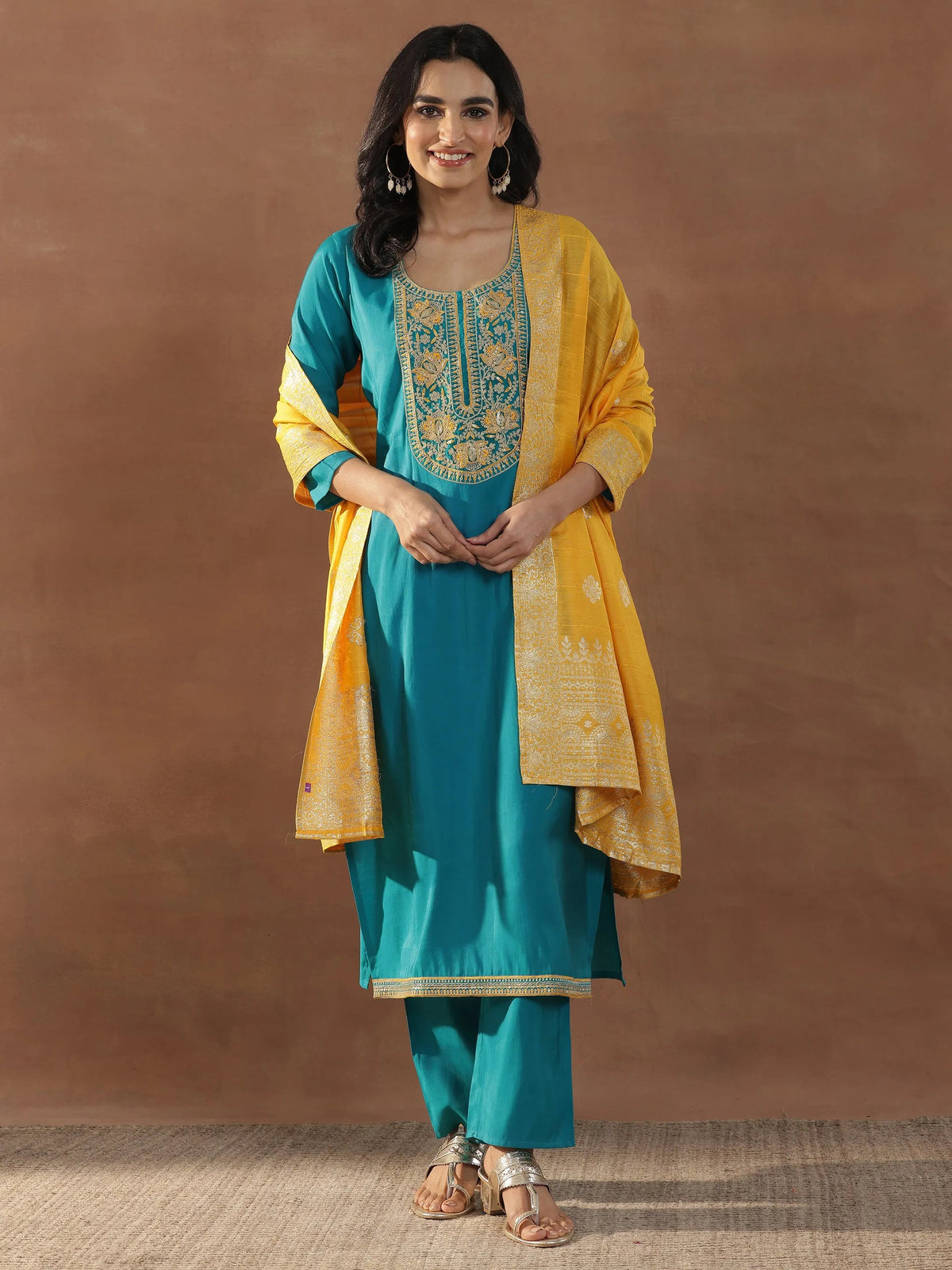 Anouk Green Yoke Design Silk Blend Straight Suit Set With Dupatta