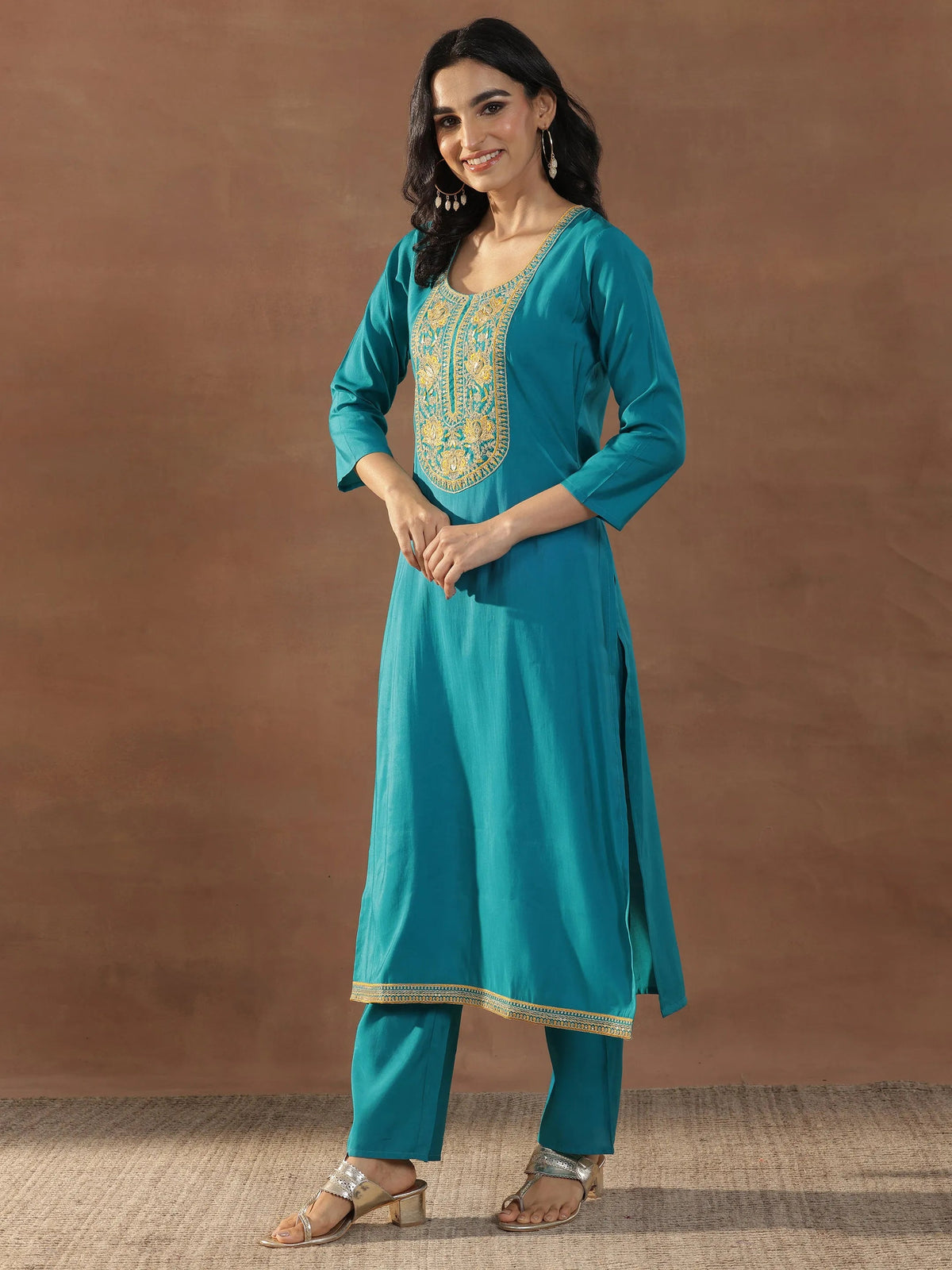 Anouk Green Yoke Design Silk Blend Straight Suit Set With Dupatta