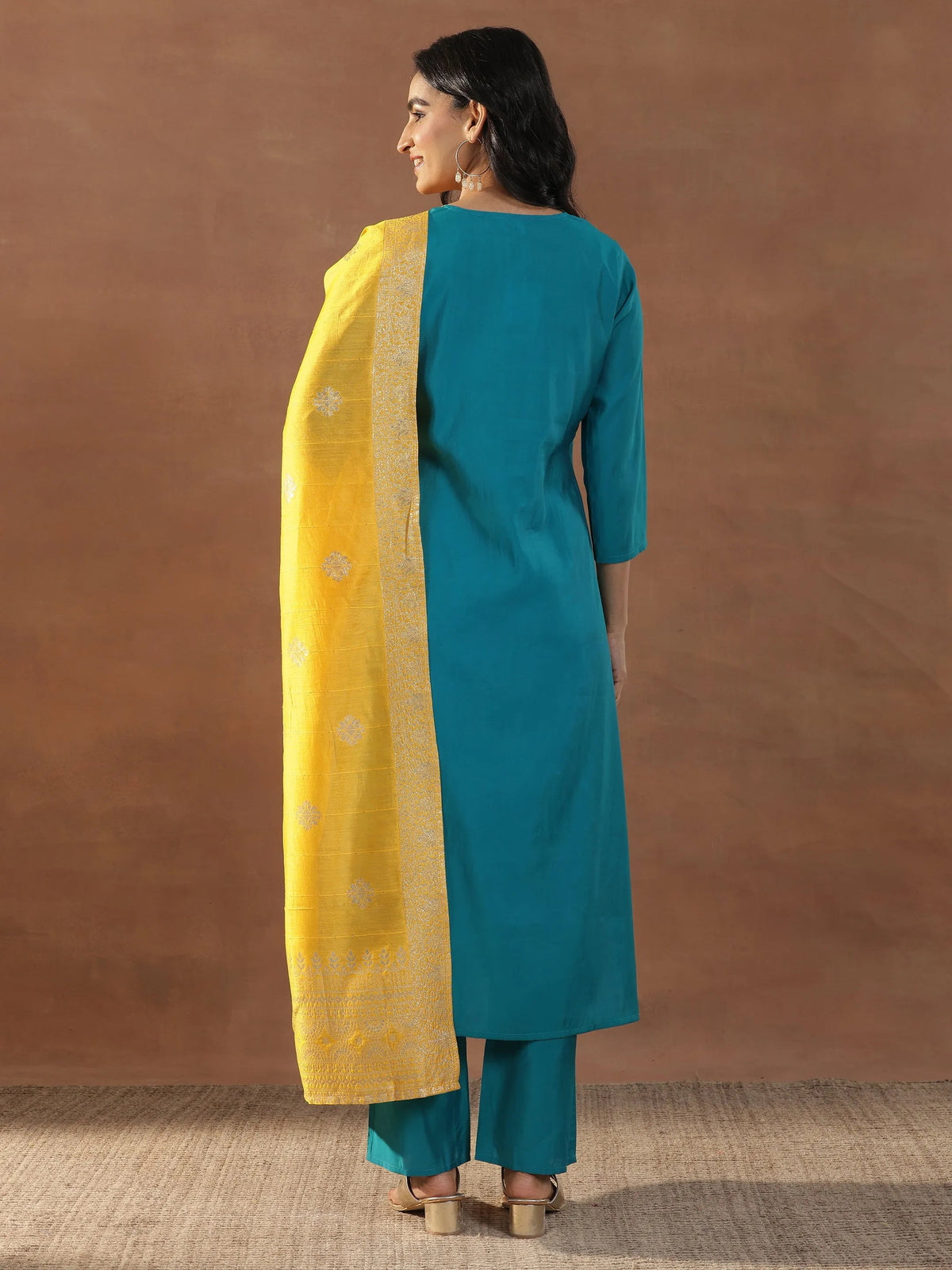 Anouk Green Yoke Design Silk Blend Straight Suit Set With Dupatta