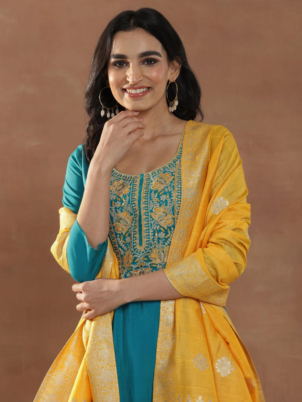Anouk Green Yoke Design Silk Blend Straight Suit Set With Dupatta