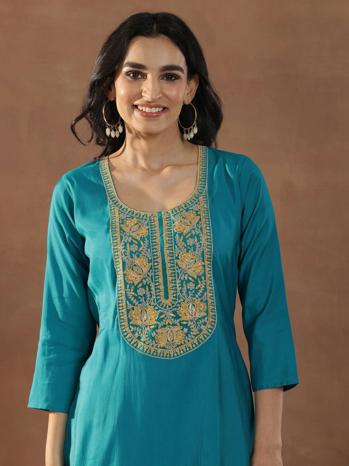 Anouk Green Yoke Design Silk Blend Straight Suit Set With Dupatta