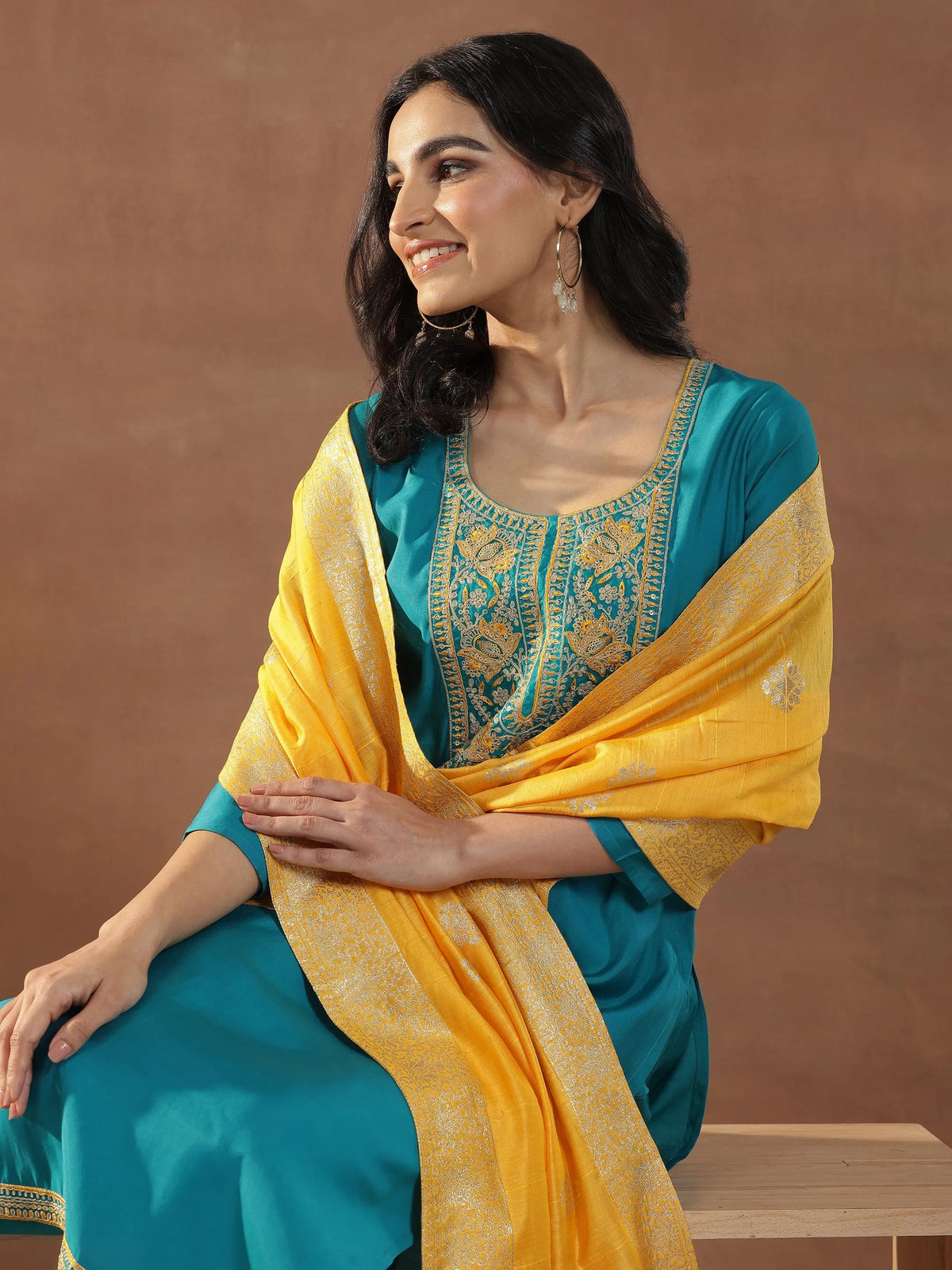 Anouk Green Yoke Design Silk Blend Straight Suit Set With Dupatta