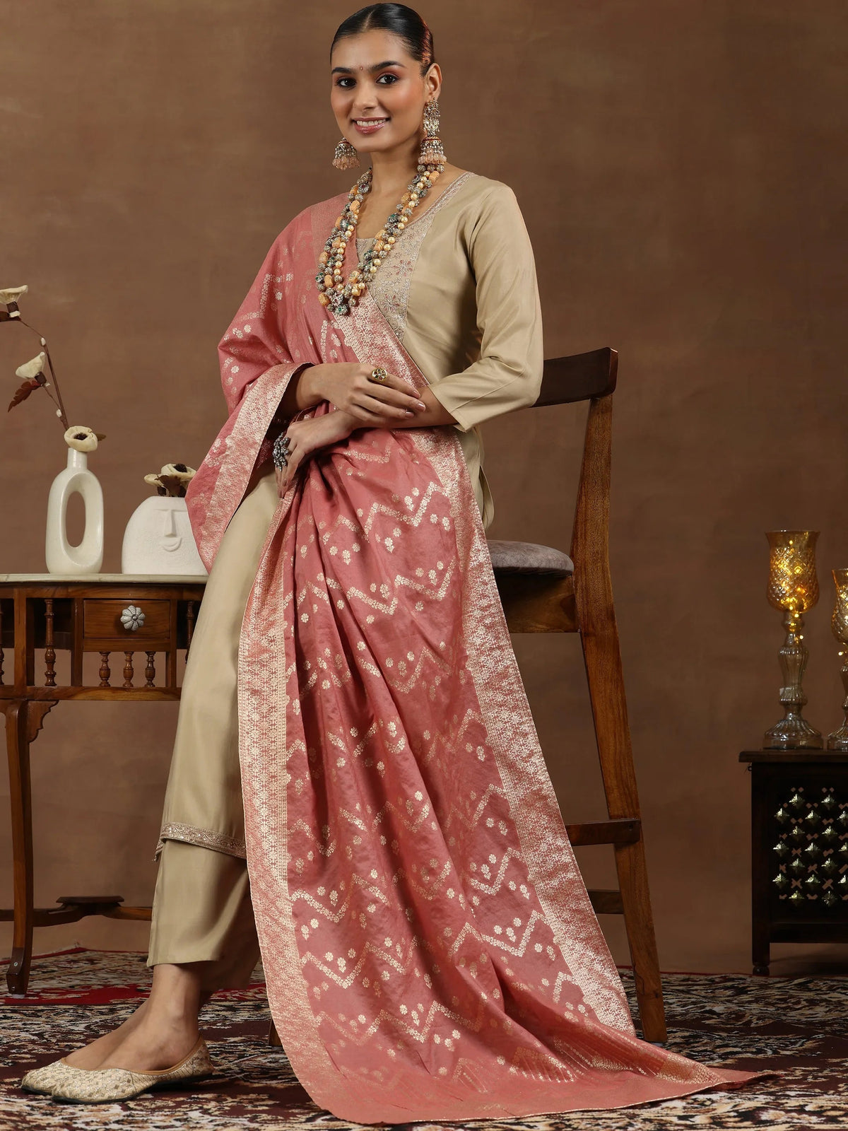 Anouk Beige Yoke Design Silk Blend Straight Suit With Dupatta