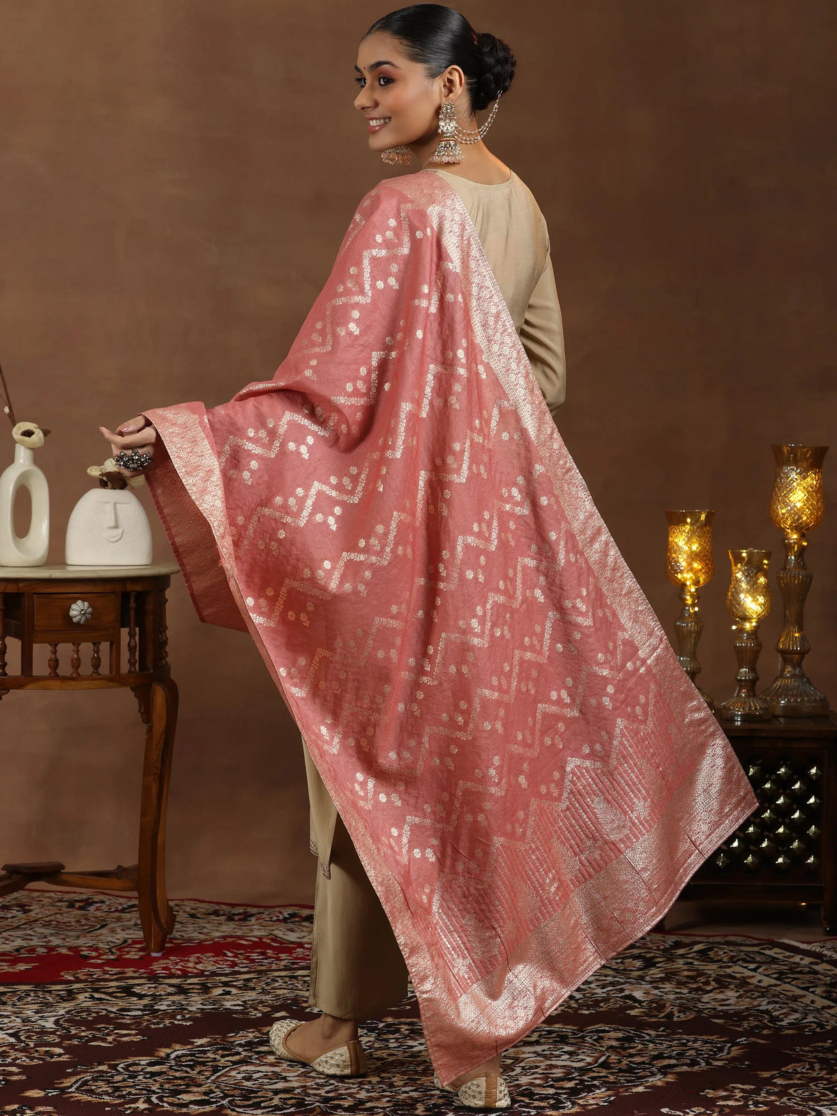 Anouk Beige Yoke Design Silk Blend Straight Suit With Dupatta