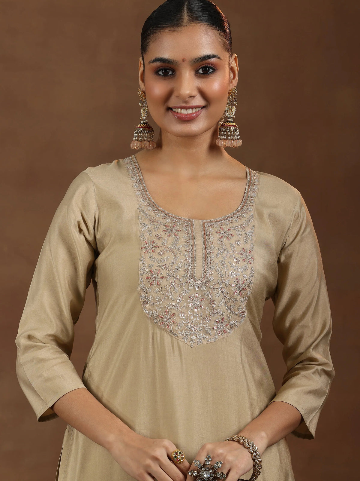 Anouk Beige Yoke Design Silk Blend Straight Suit With Dupatta