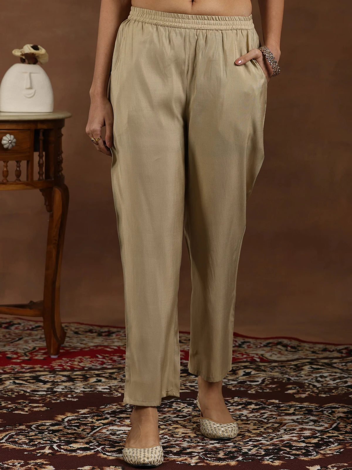 Anouk Beige Yoke Design Silk Blend Straight Suit With Dupatta